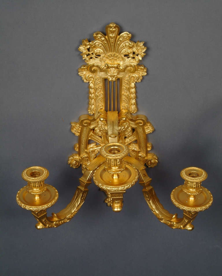 A Pair of French Antique Gilt Bronze Three-Light Wall Sconces With Figural Heads 3