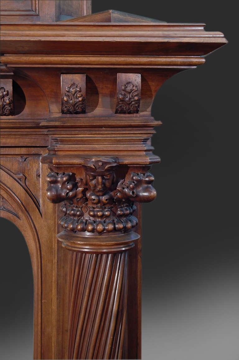 Monumental Gothic Style Carved Walnut Fireplace In Excellent Condition For Sale In Los Angeles, CA
