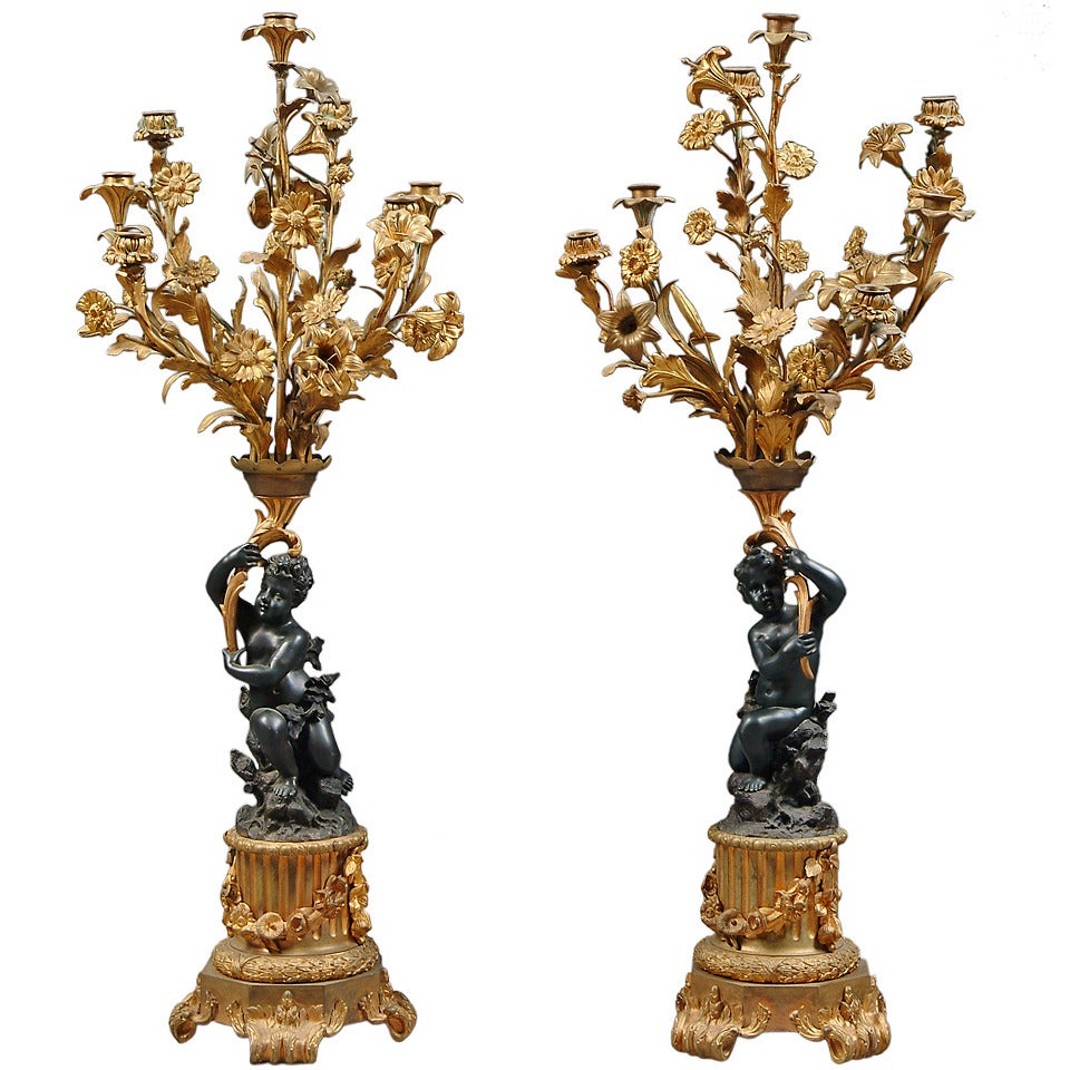 Pair of Antique French Bronze Figural Candelabras