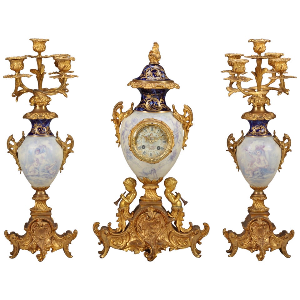 19th Century French Sevres Style Figural Garniture Clock Set For Sale