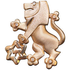 14-Karat Gold and Diamond Brooch Judaica Lion Jewish Star & Hai' Symbol