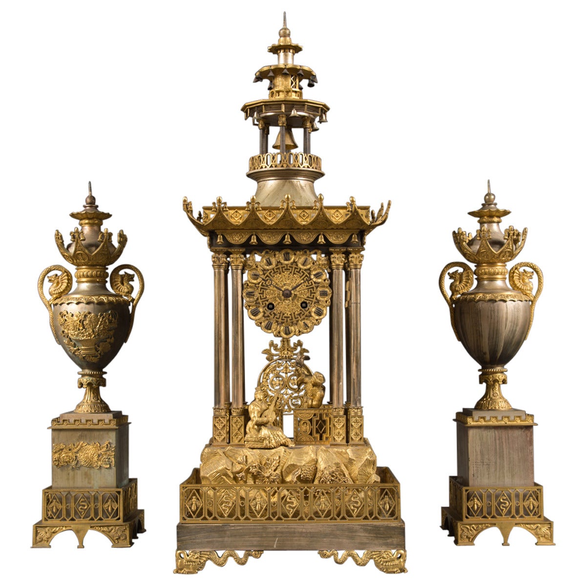 Very Fine 19th Century French Chinoiserie Silver and Gilt Three-Piece Garniture For Sale