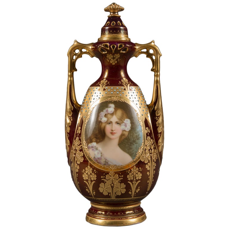 Royal Vienna Porcelain Jeweled Iridescent Portrait Vase For Sale at 1stDibs