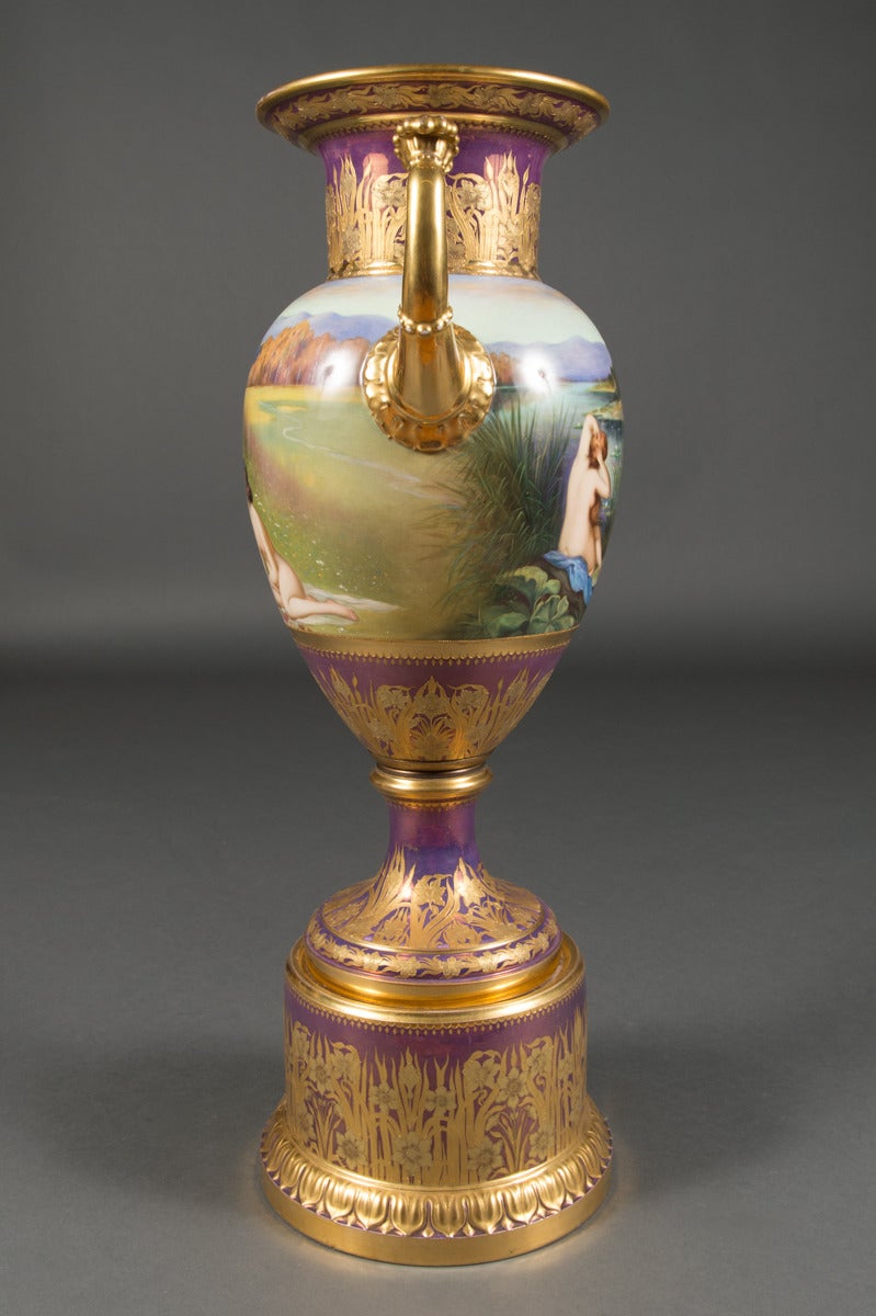 Art Nouveau Large Austrian Antique Royal Vienna Iridescent Painted Vase For Sale
