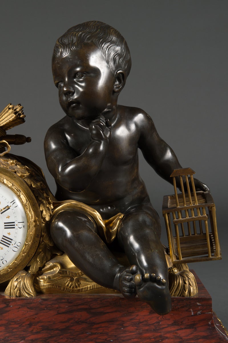 Napoleon III French Rouge Marble Gilt and Patinated Bronze Mantel Clock by Alfred Beurdeley For Sale