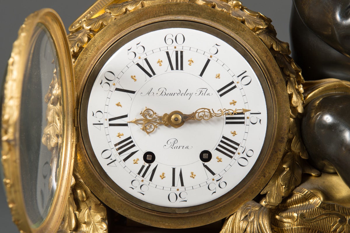 Ormolu French Rouge Marble Gilt and Patinated Bronze Mantel Clock by Alfred Beurdeley For Sale