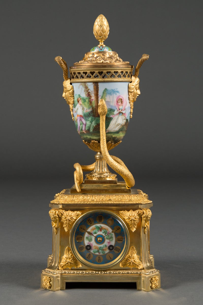 Mid-19th Century A French Antique Gilt Bronze & Porcelain 3-Piece Clock Garniture 
