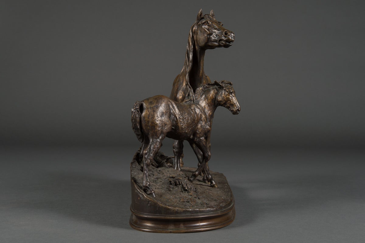 Bronze Pierre Jules Mene, French Normandy Mare and Foal Sculpture