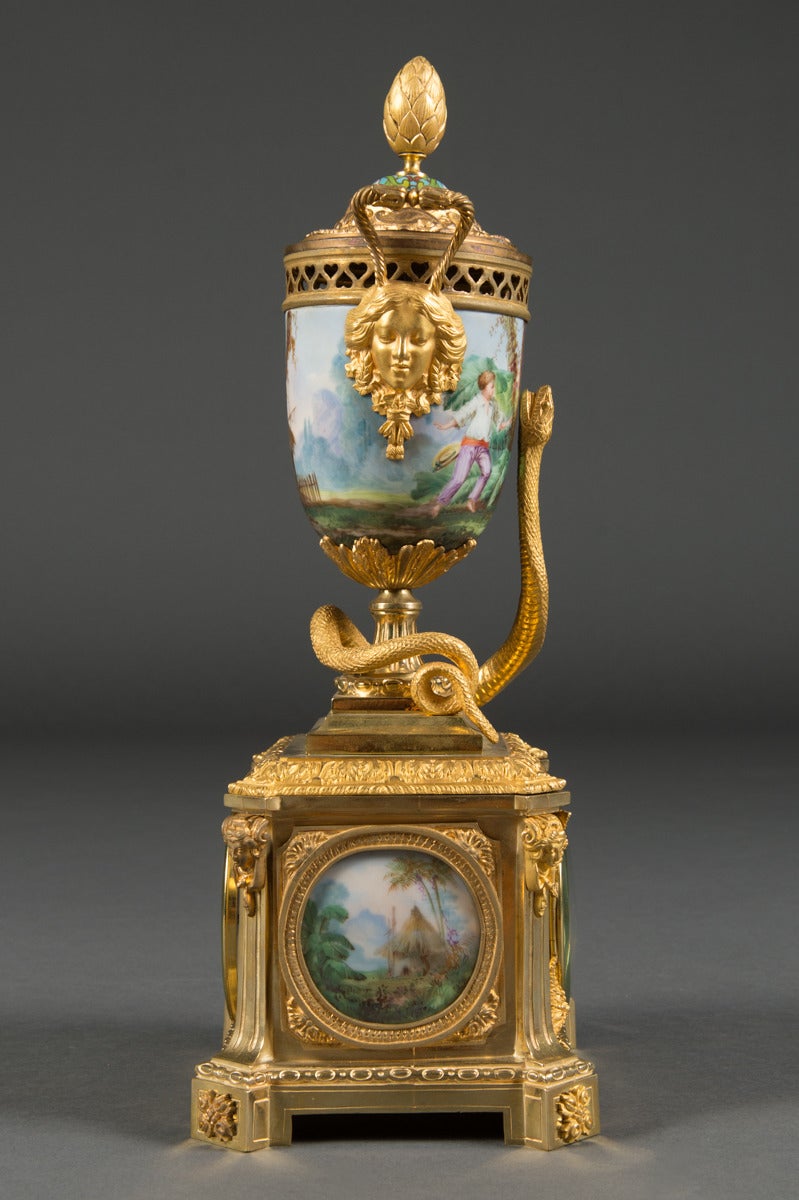 A French Antique Gilt Bronze & Porcelain 3-Piece Clock Garniture  3