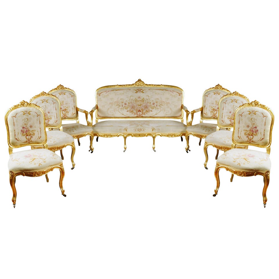 Französischer Giltwood-Aubusson-Wandteppich, 7-teilige Salon-Suite, 19. Jahrhundert im Angebot