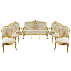 Suite de salon de 7 pièces en tapisserie d'Aubusson du XIXe siècle en bois doré français