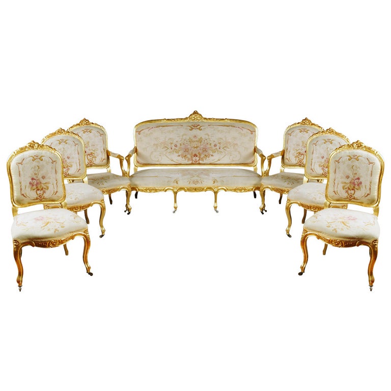 19th Century French Giltwood Aubusson Tapestry 7-Piece Salon Suite For Sale