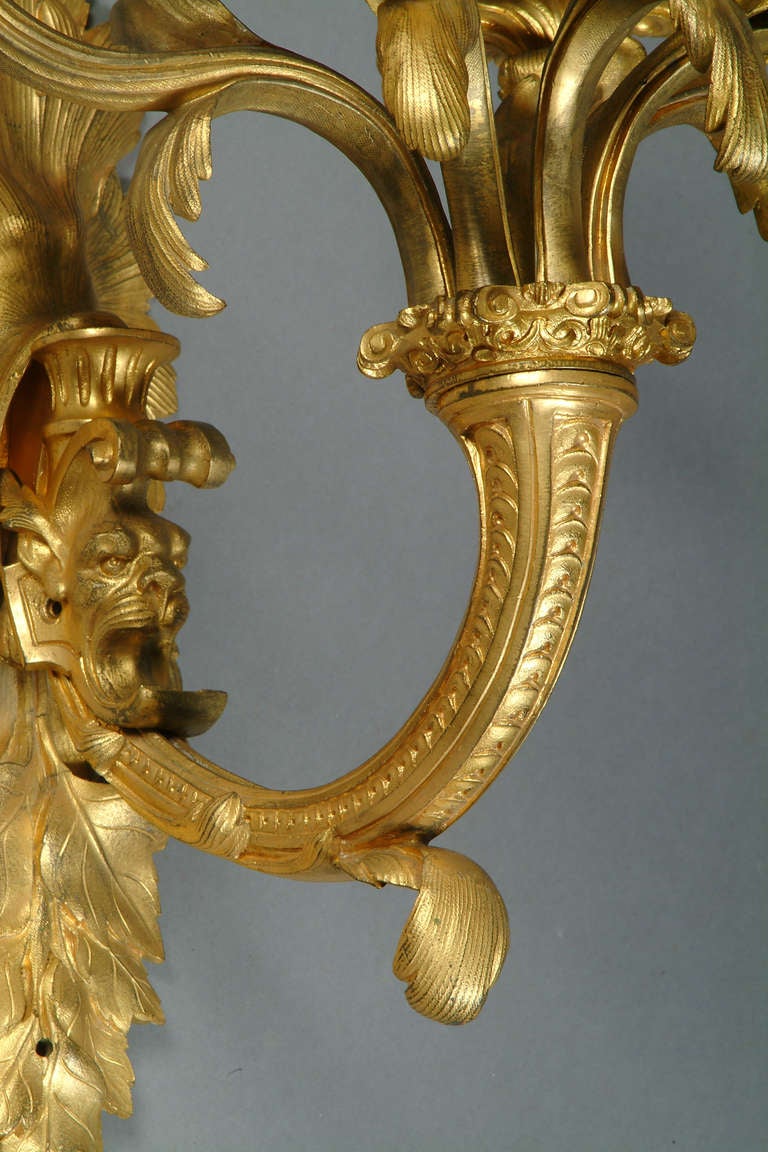 A Pair of French Louis XV style Gilt-Bronze 5-light Wall Sconces with Lion Heads 3
