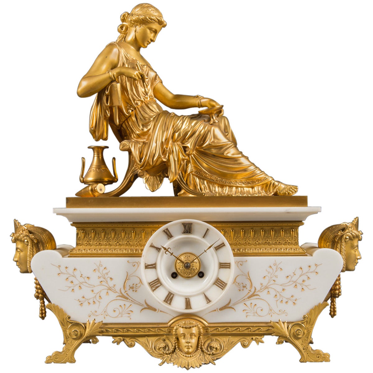 French Ormolu Bronze and White Marble Orientalist Mantle Clock