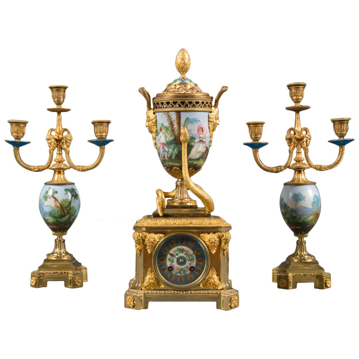 A French Antique Gilt Bronze & Porcelain 3-Piece Clock Garniture 
