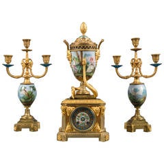 A French Antique Gilt Bronze & Porcelain 3-Piece Clock Garniture