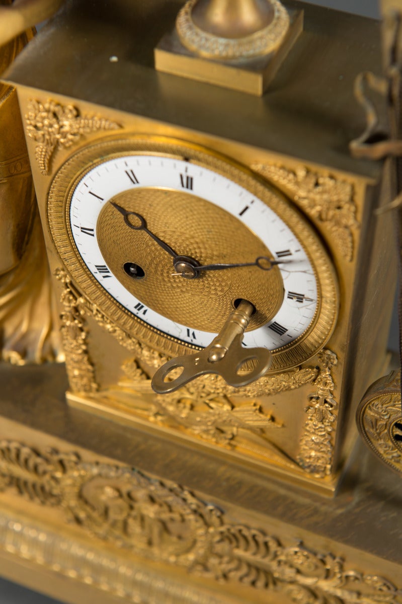 A French Antique Empire Gilt Bronze Silk Thread Mantel Clock, Circa 1820 For Sale 1