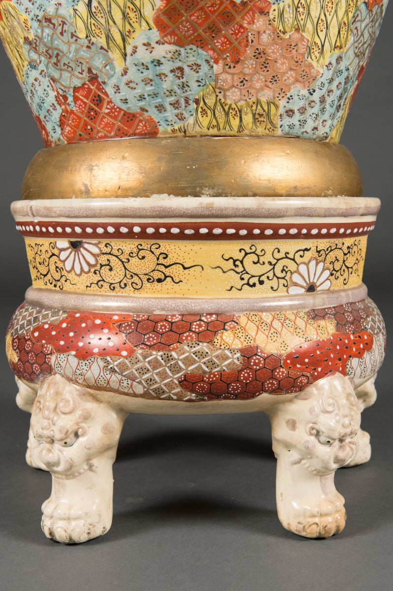 Ceramic Large and Monumental Japanese Satsuma Vase with Base and Cover, Meiji Period