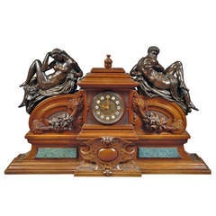 A Large French Renaissance Revival Bronze Mounted Carved Walnut Mantel Clock 10