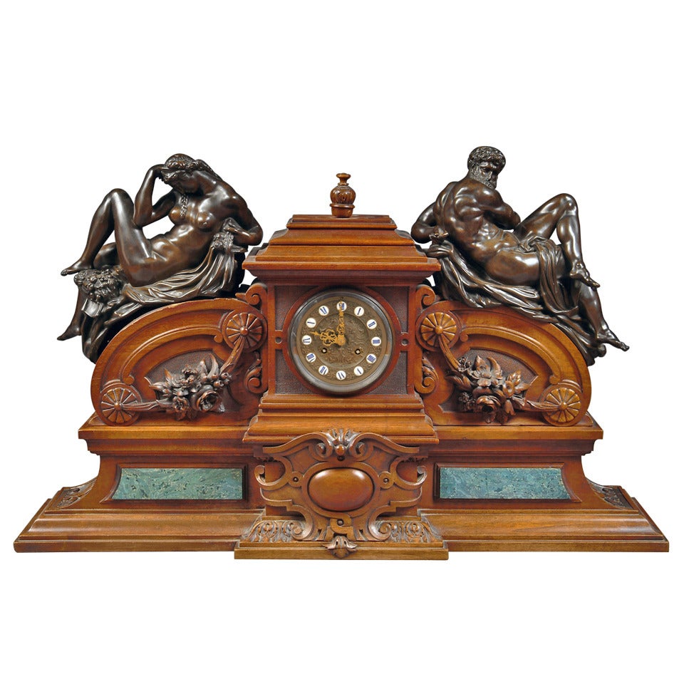 Large French Renaissance Revival Bronze Mounted Carved Walnut Mantel Clock For Sale