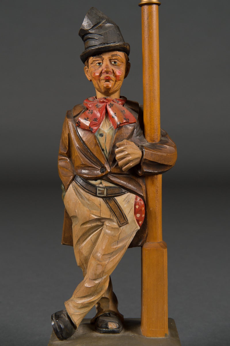 Vintage German Karl Griesbaum Automation Wood Carved Whistler and Lamp In Excellent Condition In Los Angeles, CA