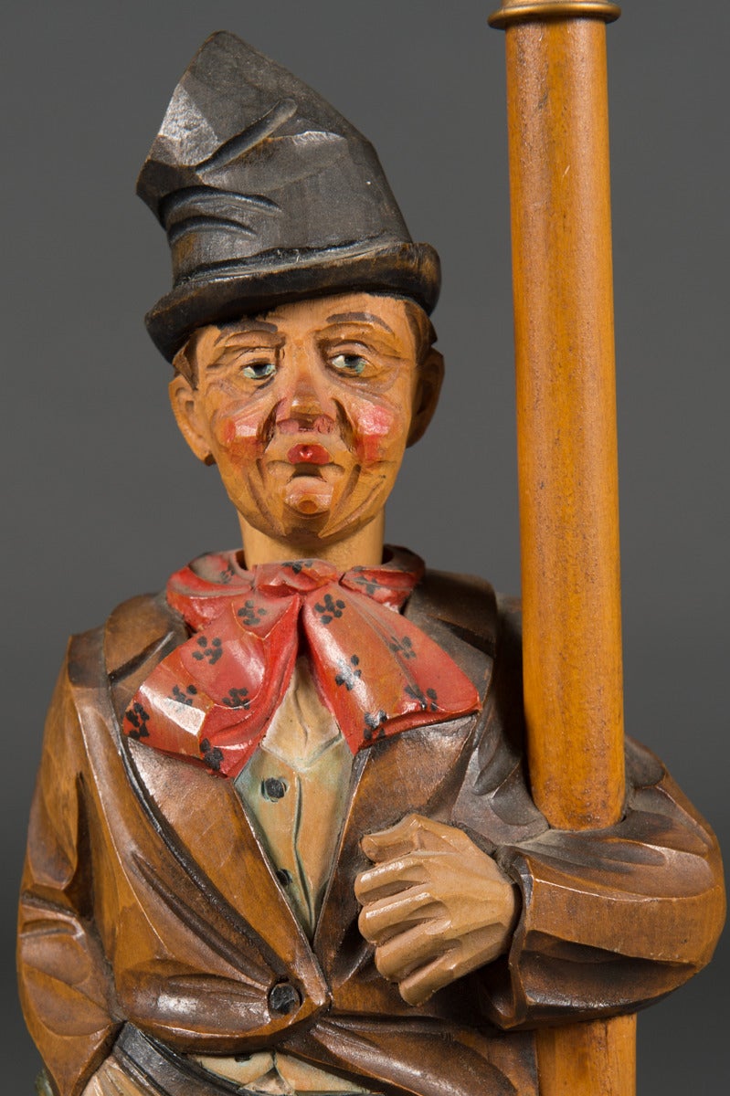 Mid-20th Century Vintage German Karl Griesbaum Automation Wood Carved Whistler and Lamp