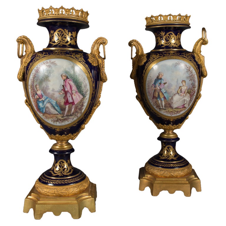 Pair of Large Antique French Sevres Style OrmoluMounted and Painted