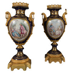Pair of Large Antique French Sevres Style Ormolu-Mounted and Painted Vases 5