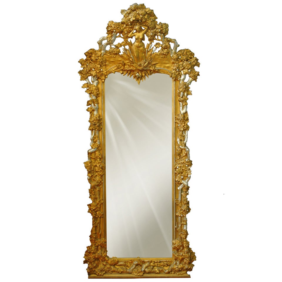 French Napoleon III Gilt and Silvered Carved Wood and Gesso Full Length Mirror For Sale