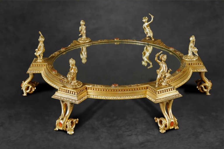 An Italian gilt-bronze & Jeweled figural mirrored plateau .