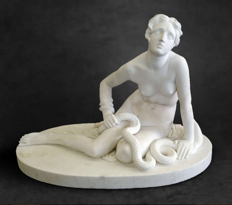 Very fine 19th century Italian hand carved white marble figure of a nude lady holding a snake. 
After Lorenzo Bartolini.
Signed: Bartollini Fece.

Lorenzo Bartolini (7 January 1777 – 20 January 1850) was an Italian sculptor who infused his