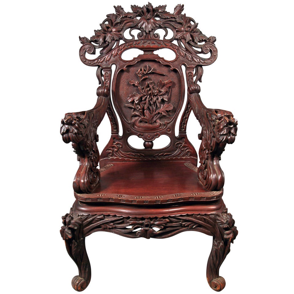 Antique Chinese Carved Hardwood Arrmchair