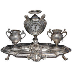 French Sterling Silver Clock and Ink Stand, circa 1875, Minerva Mark