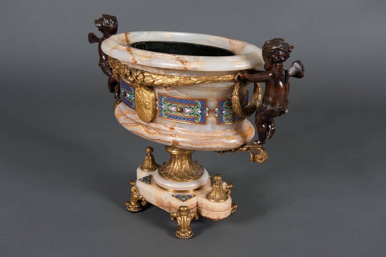 19th Century Champleve Enamel & Onyx Jardiniere Centerpiece by Eugene Cornu 2