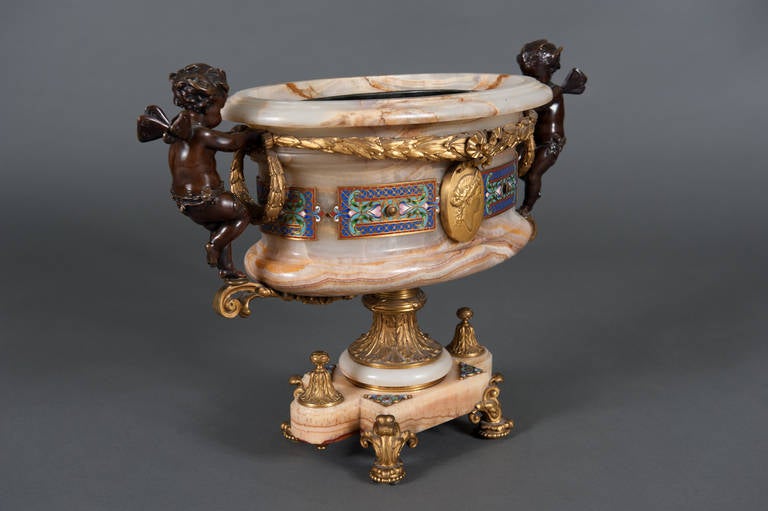19th Century Champleve Enamel & Onyx Jardiniere Centerpiece by Eugene Cornu 4
