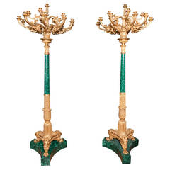 Pair of Large Gilt Bronze and Malachite Torchieres