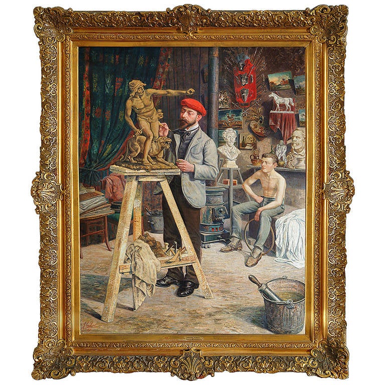 A Palatial Antique Belgian Oil on Canvas Painting Depicting a Sculpting