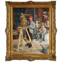 A Palatial Antique Belgian Oil on Canvas Painting Depicting a Sculpting lesson 12