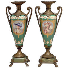 Pair of 19th Century French Sevres-Style Bronze-Mounted Green Ground Vases