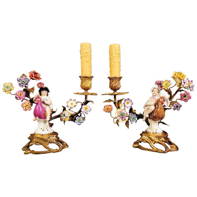 Pair of Antique Continental Porcelain and Bronze Candlesticks