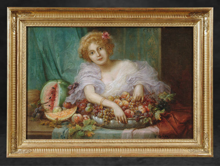 Oil on Canvas of a Young Lady with a Basket of Fruit by Hans Zaztka

Height: 33