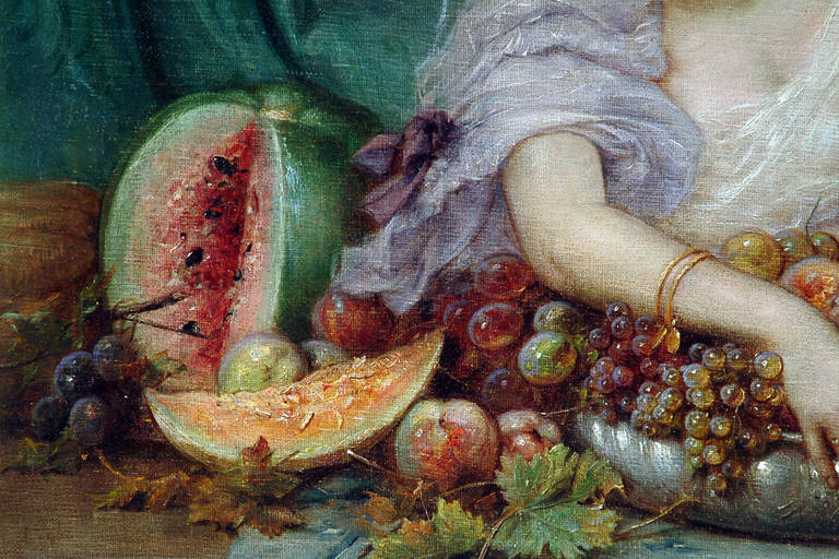 Austrian Oil on Canvas of a Young Lady with a Basket of Fruit by Hans Zaztka