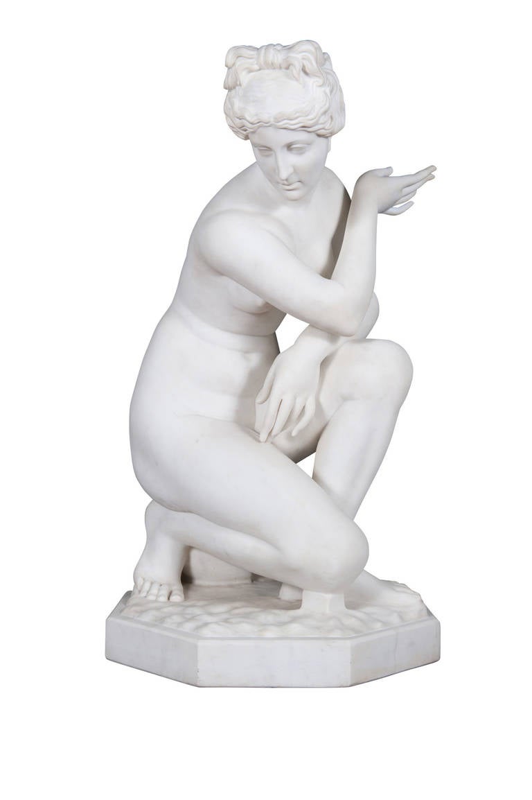 19th Century Marble Figure of 'the Crouching Venus' on Pedestal In Good Condition For Sale In Los Angeles, CA