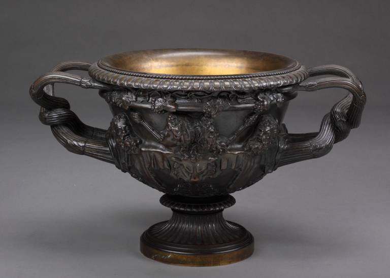 An important French bronze of the Warwick by Eugene Cornu, Paris

French patinated bronze Greek motif vase.
Paris, circa 1890.
Signed: EUG, GORNU, Paris.

Notes:
The original of this vase was made from marble and was discovered in 1771. It