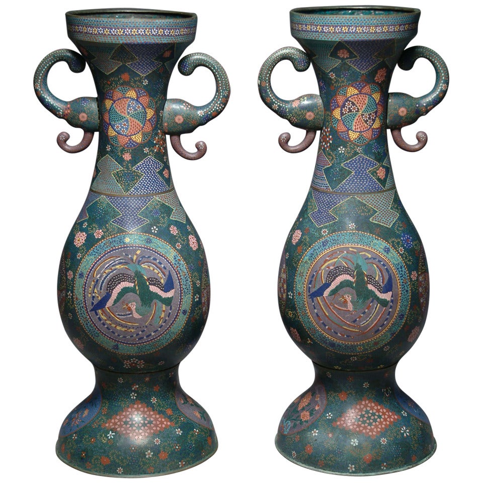 Pair of Large Cloisonné Enamel Palace Vases For Sale