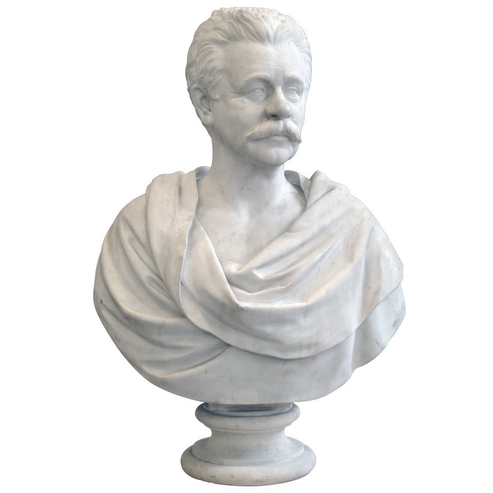 Large American White Marble Bust of a Gentleman by Randolph Rogers For Sale