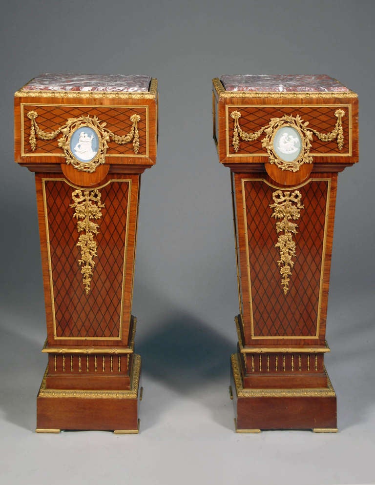 Pair of very fine and rare 19th century French Louis XVI style gilt-bronze mounted marble top pedestals, each with parquetry inlays and mounted with oval wedgewood plaque. One depicting cupid standing before his mother, Venus, his head hung and