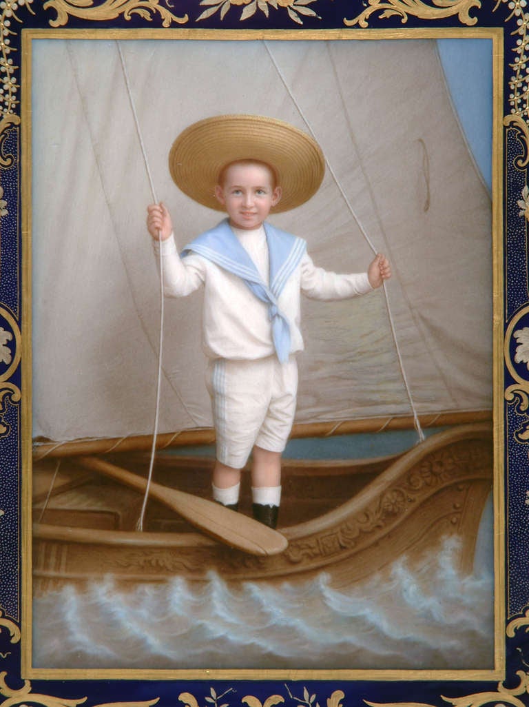 This exceptional and rare Meissen porcelain painted plaque depicts a young boy wearing white outfit with blue cape and a yellow oxide braided straw sun hat, as he standing in a sailboat and holding the sailing strings,

circa 1880

Measures: Height