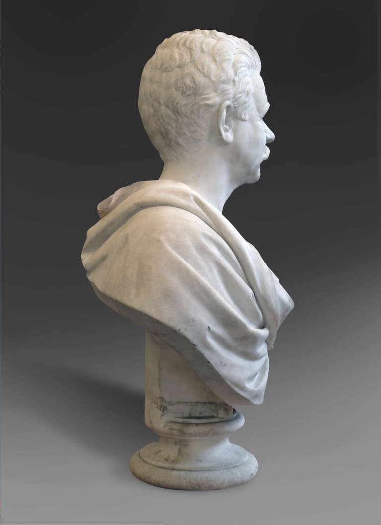 Hand-Carved Large American White Marble Bust of a Gentleman by Randolph Rogers For Sale