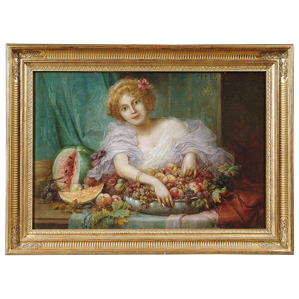 Oil on Canvas of a Young Lady with a Basket of Fruit by Hans Zaztka